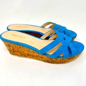 Nine West Caserta Wedge Heel Open Toe Shoe Sandal Blue 7.5 M